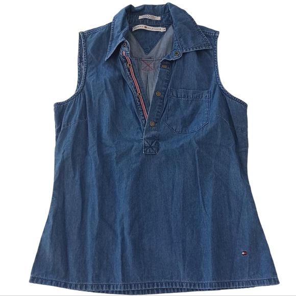 Tommy Hilfiger Size 4 Denim Vest Top Button 100% Cotton Blue Wash Denim